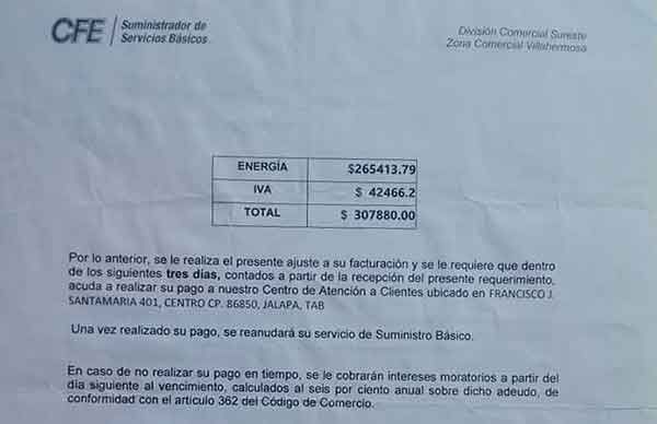 Cobra CFE 307 mil pesos a Casa de Salud en Tabasco 